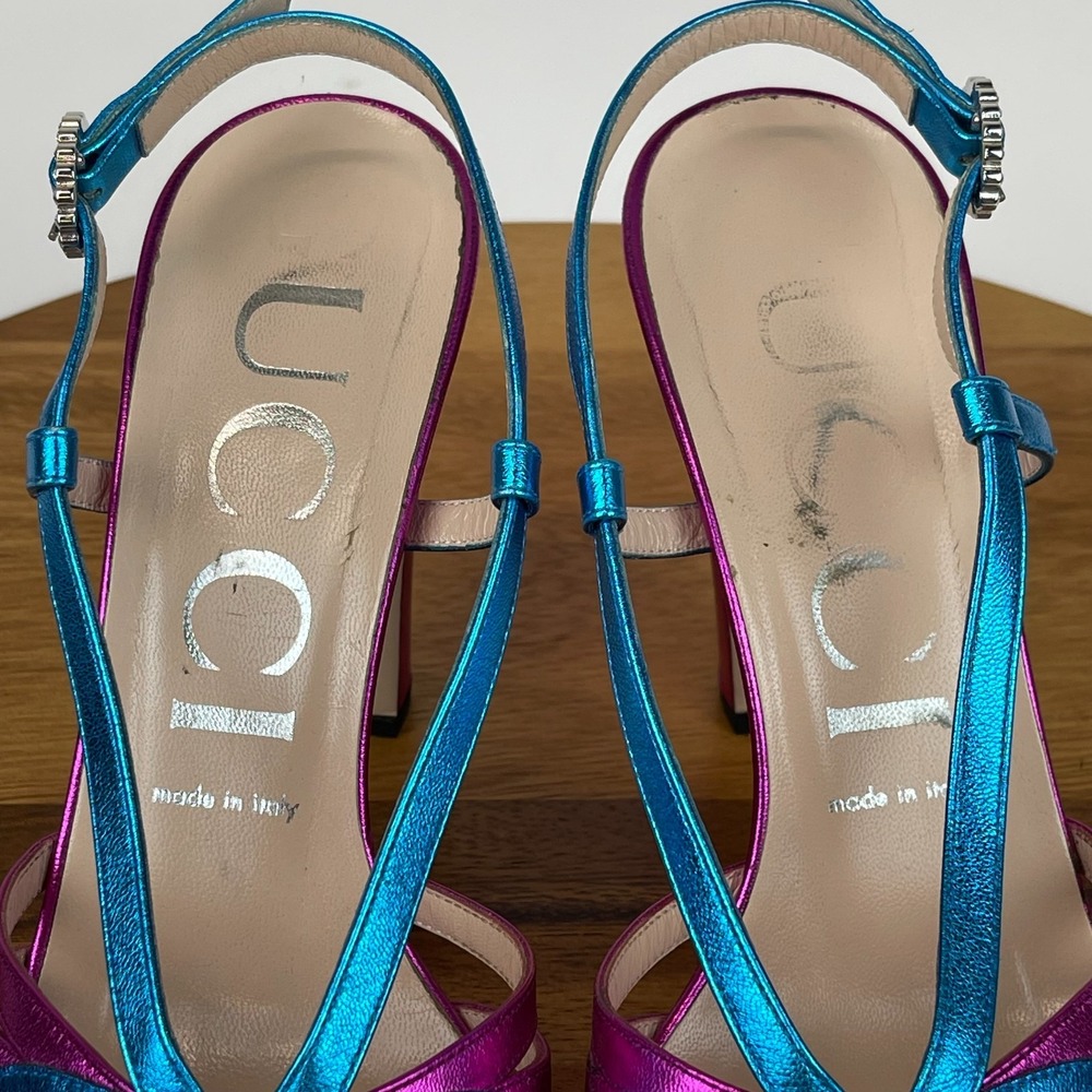 Womens Gucci Holiday 2018 Crystal Zephyra Platform Metallic Heels Size 39 US 9 - Picture 11 of 16